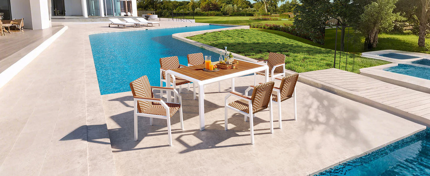 7-Piece Outdoor Dining Set - White Iron Frame - Wicker Chairs - Wood Top Table - Premium Patio Furniture