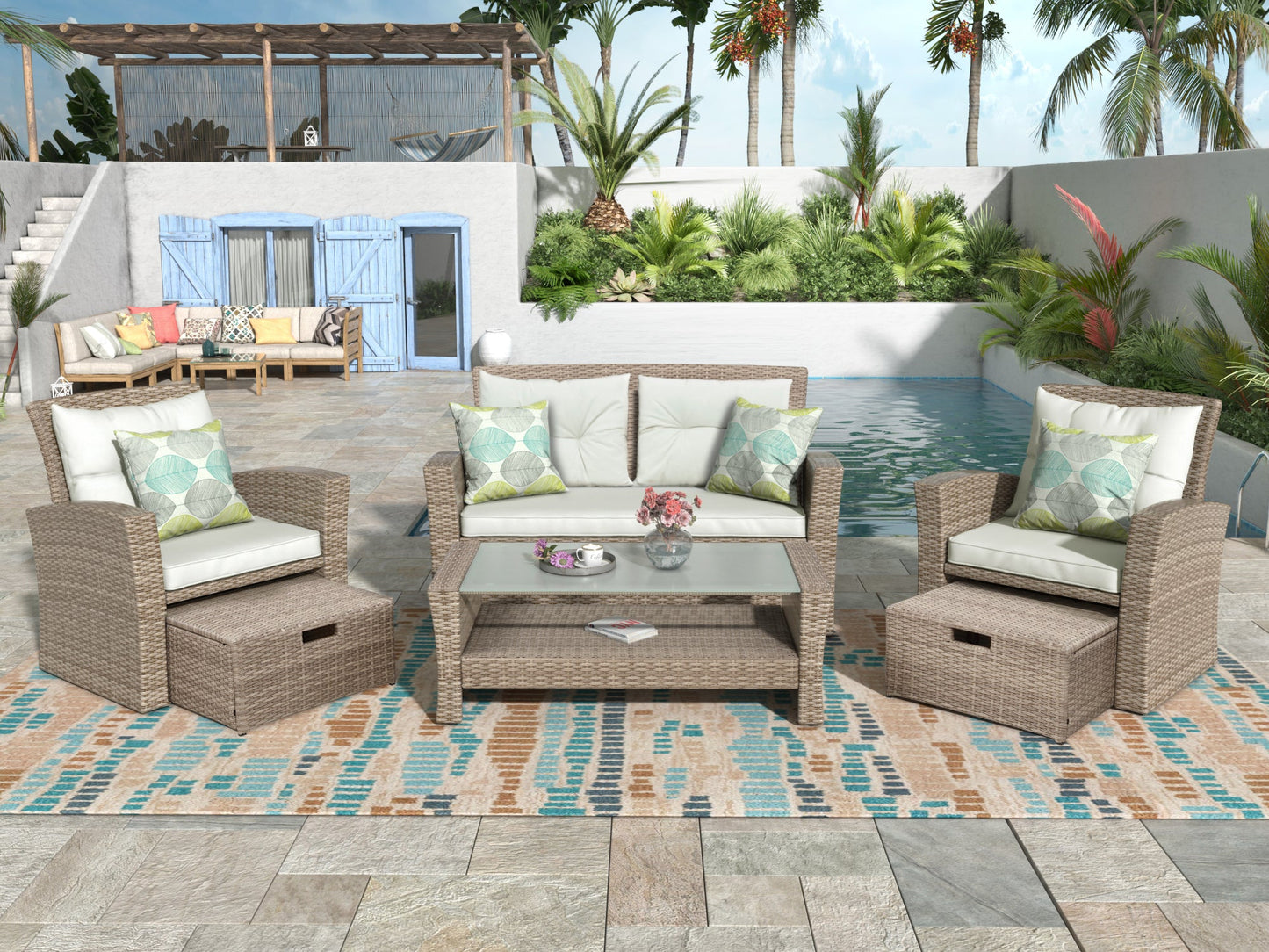 6-Piece Beige Outdoor Conversation Set - Wicker Patio Furniture - Storage Ottomans - Glass Coffee Table - Complete Set