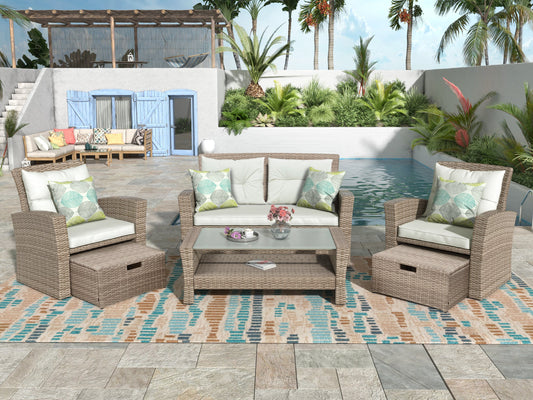 6-Piece Beige Outdoor Conversation Set - Wicker Patio Furniture - Storage Ottomans - Glass Coffee Table - Complete Set