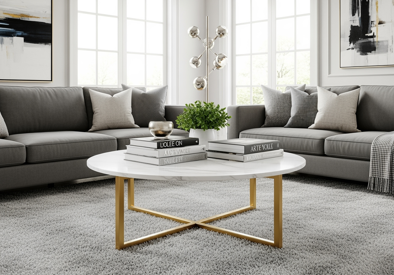 Luxury Marble Coffee Table - Gold Brass X-Legs - Round White Marble Top - Modern Living Room & Office Furniture - Premium Design