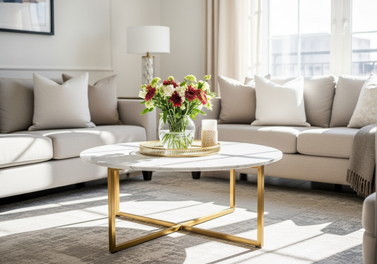 Luxury Marble Coffee Table - Gold Brass X-Legs - Round White Marble Top - Modern Living Room & Office Furniture - Premium Design