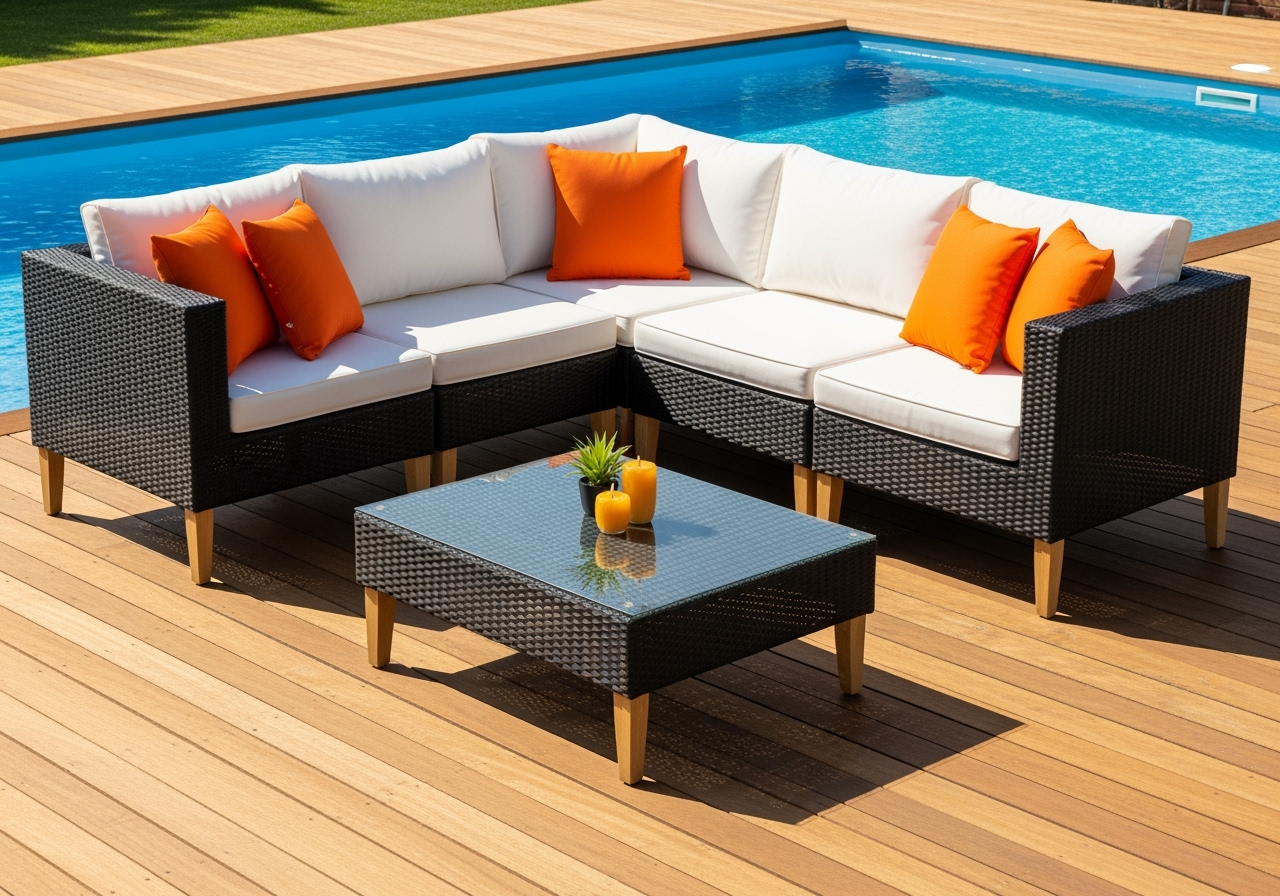 Mid-Century Modern Outdoor Sectional Set - Dark Wicker & Wood Legs - 4-Piece Patio Furniture - Glass Coffee Table - Premium Design