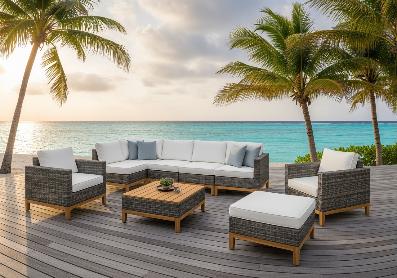 9-Piece Teak Wood Outdoor Sectional Set - Gray Wicker & White Cushions - Premium Patio Furniture - Complete Poolside Collection