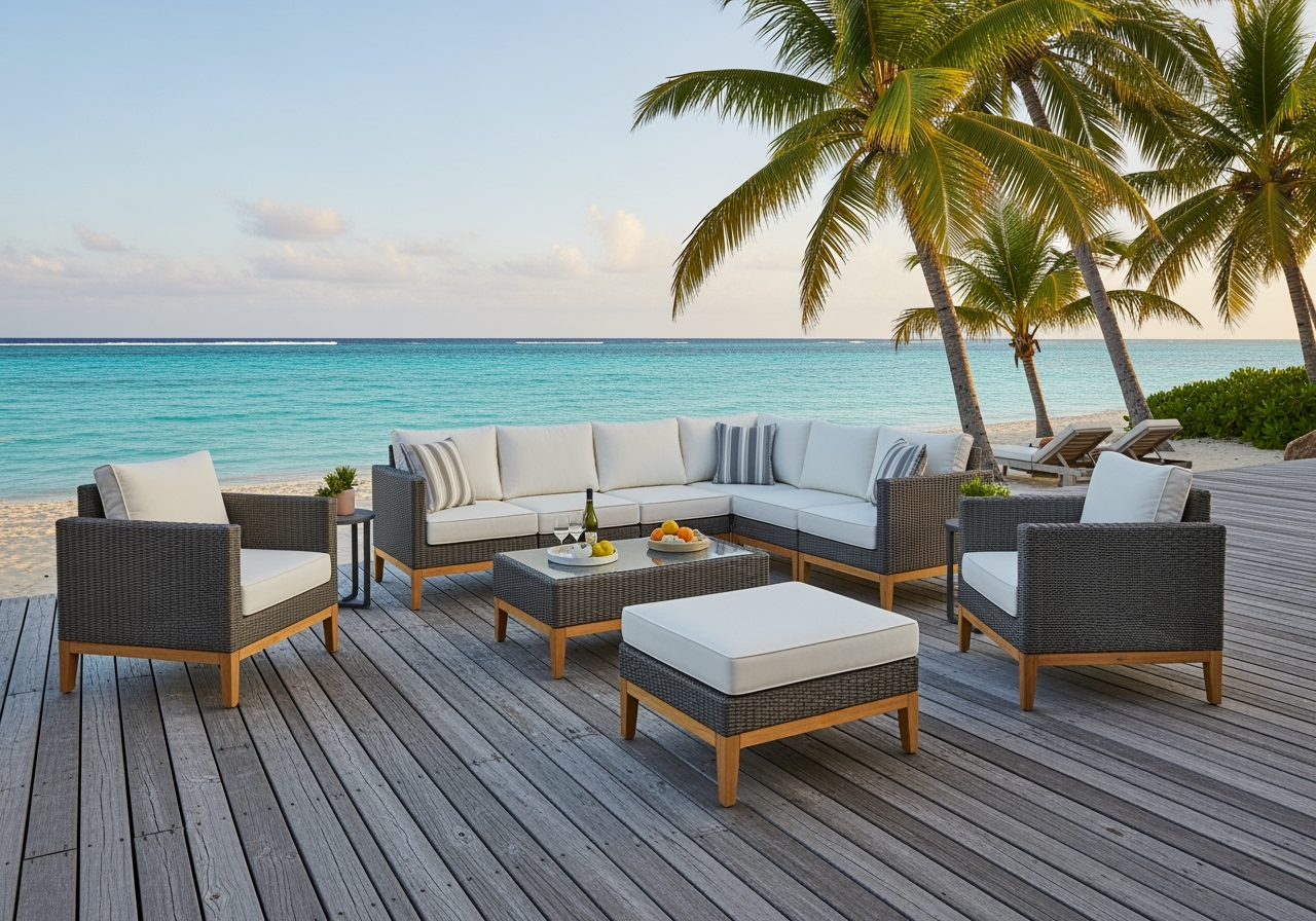9-Piece Teak Wood Outdoor Sectional Set - Gray Wicker & White Cushions - Premium Patio Furniture - Complete Poolside Collection
