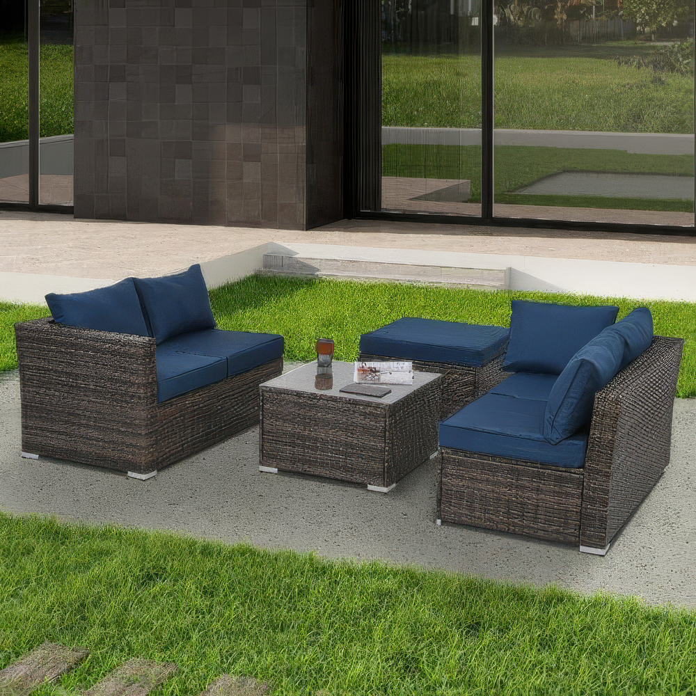4-Piece Navy Blue Outdoor Sectional Set - Dark Wicker Patio Furniture - Glass Coffee Table - Premium Modern Design