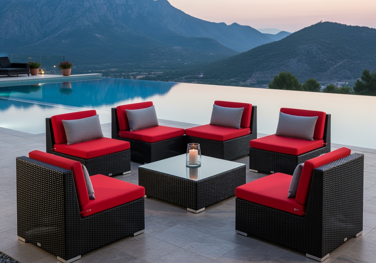 7-Piece Red Outdoor Sectional Set - Dark Wicker Patio Furniture - Glass Coffee Table - Bold Modern Design - Complete Set
