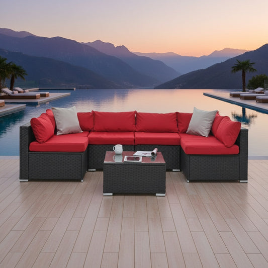 7-Piece Red Outdoor Sectional Set - Dark Wicker Patio Furniture - Glass Coffee Table - Bold Modern Design - Complete Set