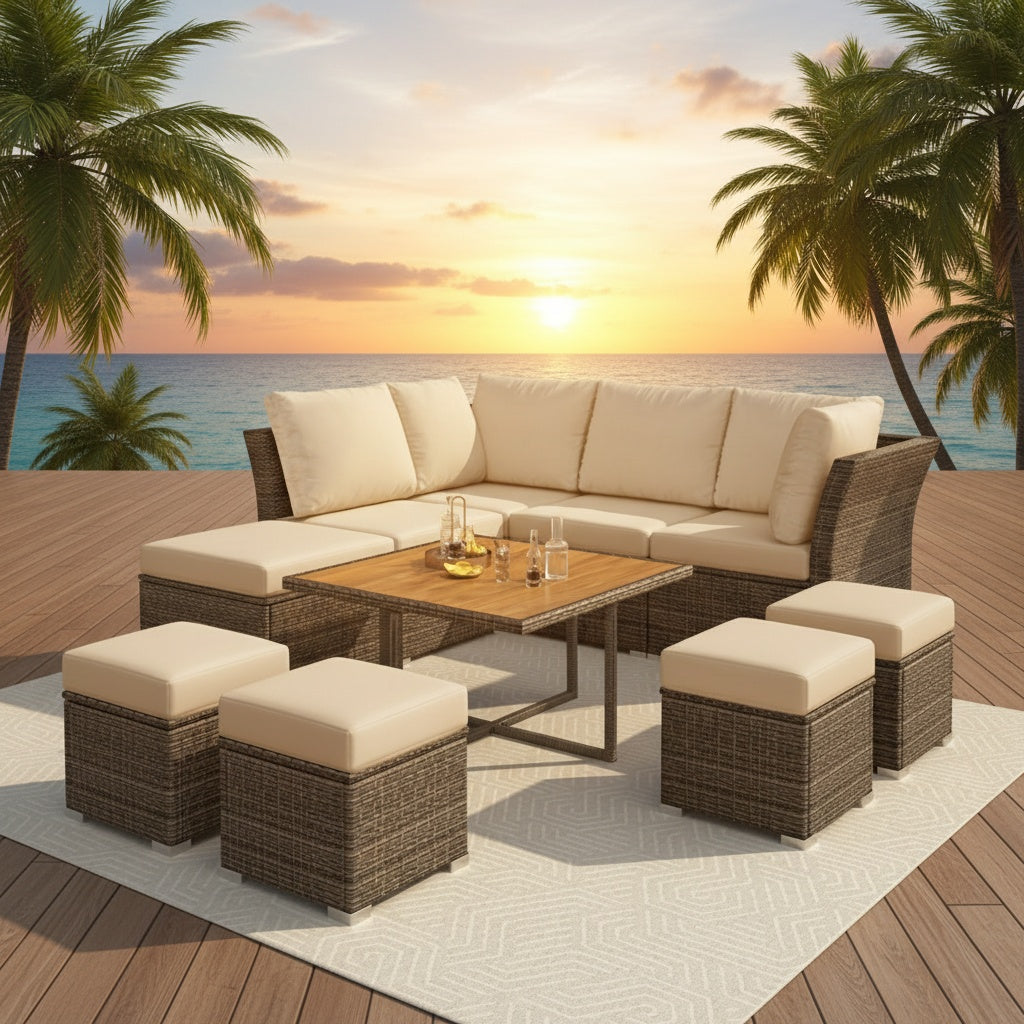 10-Piece Beige Outdoor Sectional Set - Dark Wicker Patio Furniture - Wood Coffee Table & Ottomans - Luxury Complete Set
