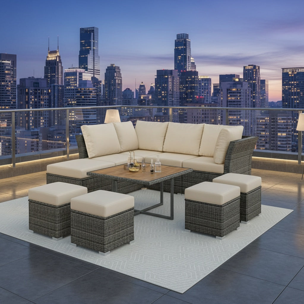 10-Piece Beige Outdoor Sectional Set - Dark Wicker Patio Furniture - Wood Coffee Table & Ottomans - Luxury Complete Set
